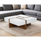 Square Coffee Table with Storage Drawers, White and Walnut Finish