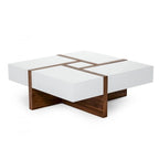 Square Coffee Table with Storage Drawers, White and Walnut Finish