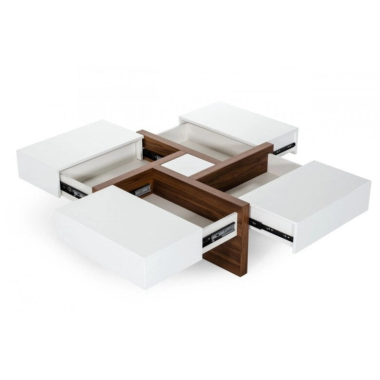 Square Coffee Table with Storage Drawers, White and Walnut Finish