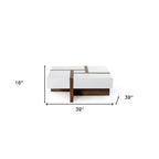 Square Coffee Table with Storage Drawers, White and Walnut Finish