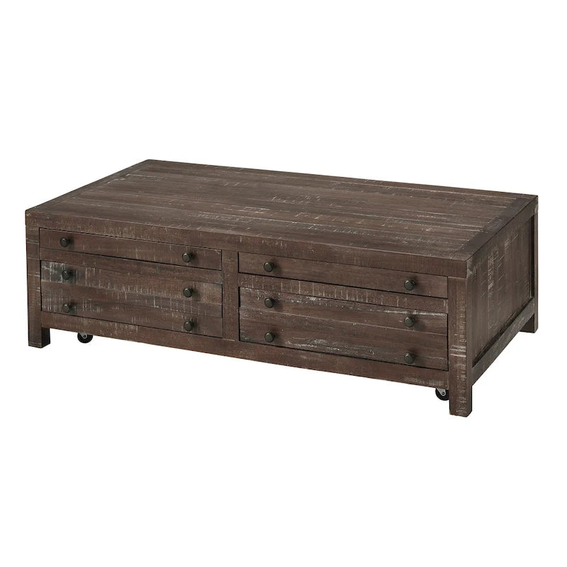 Mesa de centro con ruedas de madera maciza y cajones