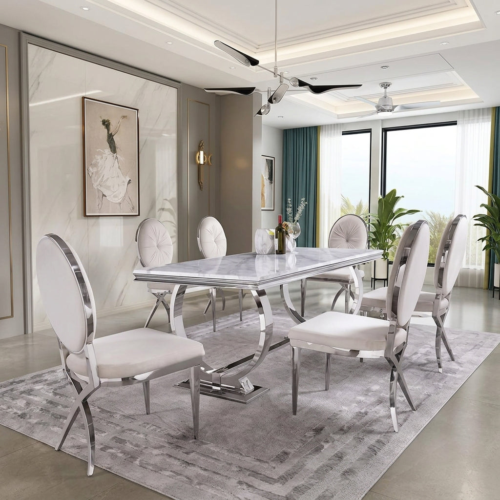 Mesa de comedor con base en U de acero inoxidable