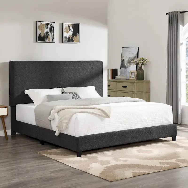 Cama de plataforma alta con panel tapizado gris oscuro