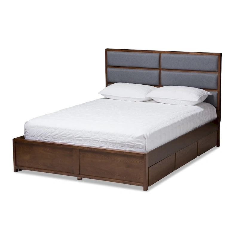 Grey Fabric and Walnut Wood Storage Platform Bed