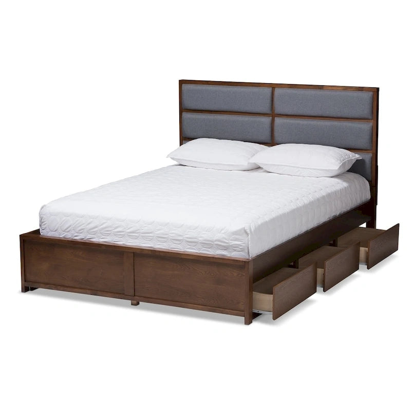 Grey Fabric and Walnut Wood Storage Platform Bed