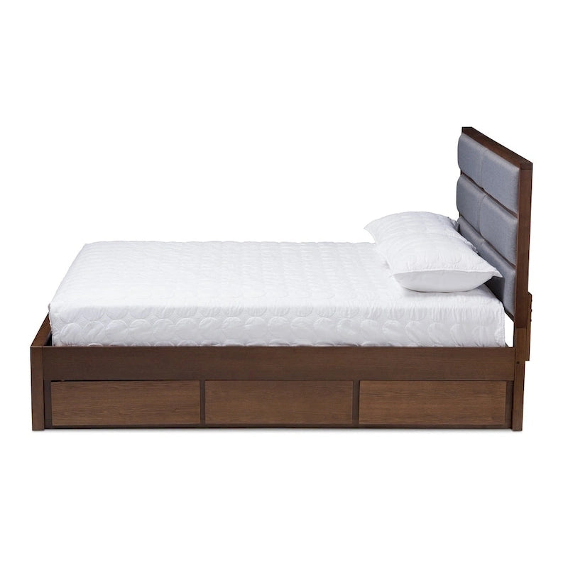 Grey Fabric and Walnut Wood Storage Platform Bed
