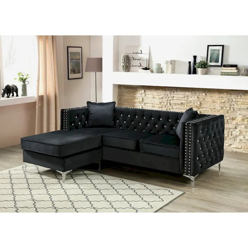 Samtsofa mit Knopfheftung und wendbarer Ottomane