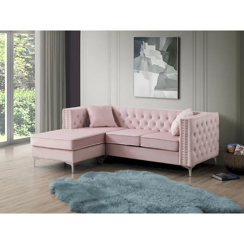 Samtsofa mit Knopfheftung und wendbarer Ottomane