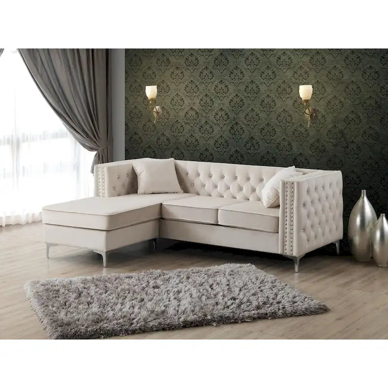 Samtsofa mit Knopfheftung und wendbarer Ottomane