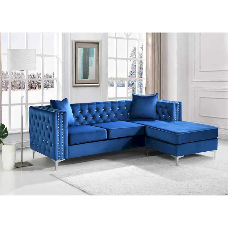 Samtsofa mit Knopfheftung und wendbarer Ottomane