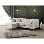 Aksamitna sofa pikowana z odwracalnym szezlongiem