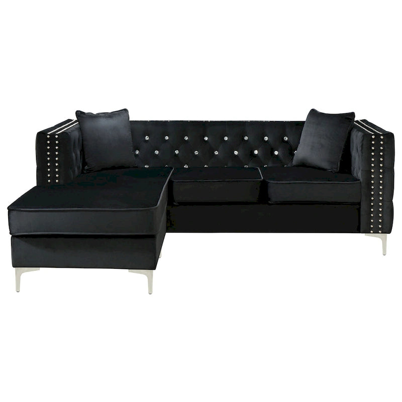 Aksamitna sofa pikowana z odwracalnym szezlongiem