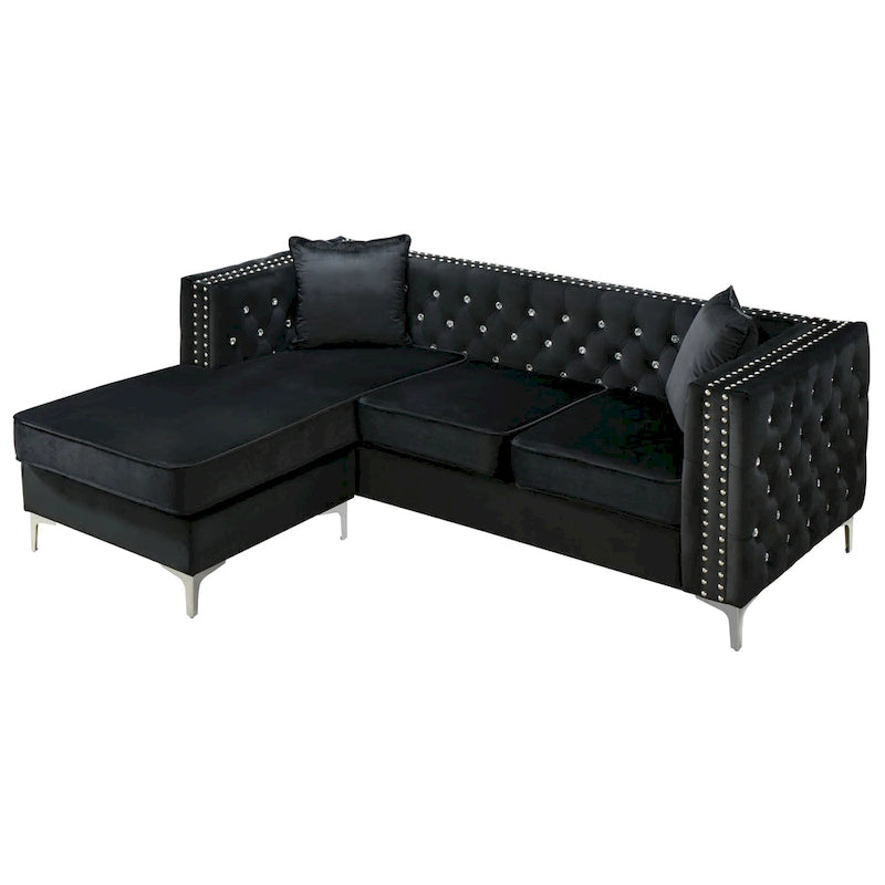 Aksamitna sofa pikowana z odwracalnym szezlongiem