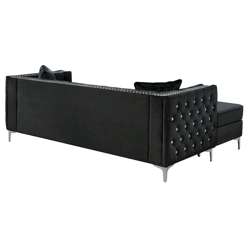 Aksamitna sofa pikowana z odwracalnym szezlongiem
