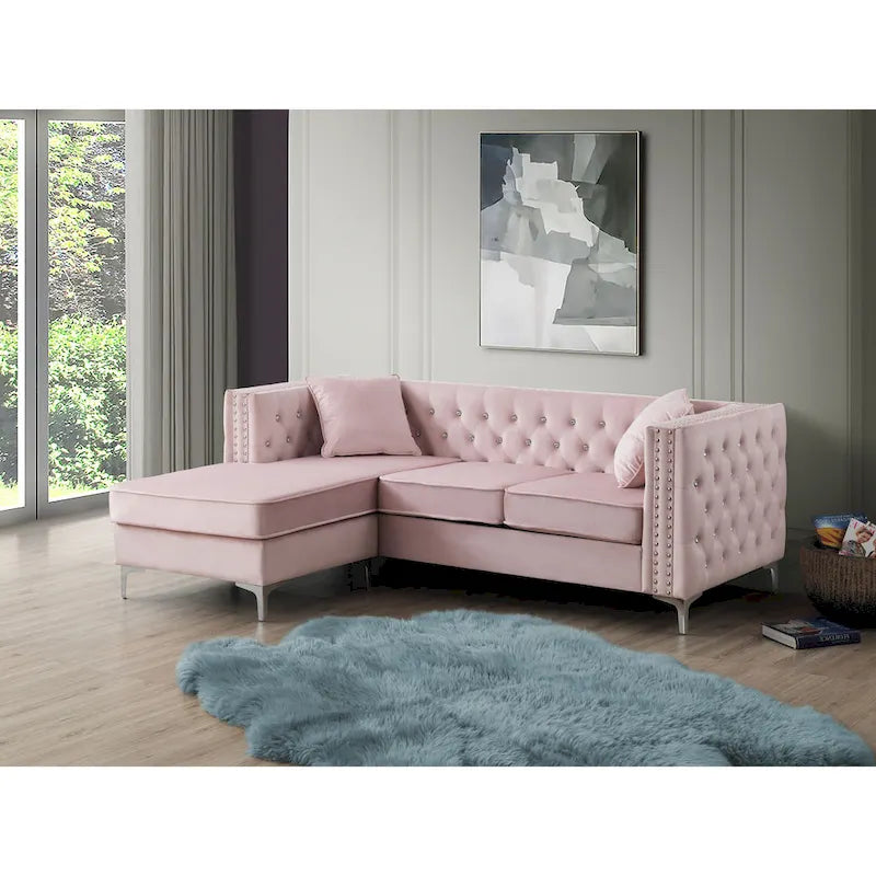 Aksamitna sofa pikowana z odwracalnym szezlongiem