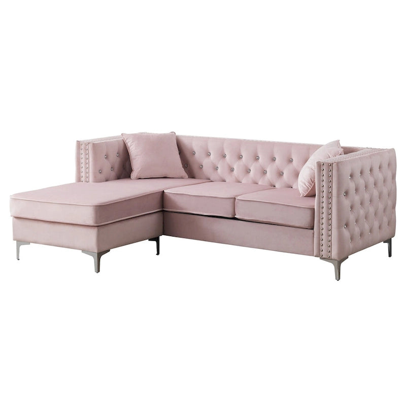Aksamitna sofa pikowana z odwracalnym szezlongiem