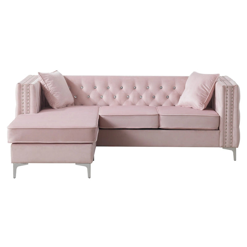 Aksamitna sofa pikowana z odwracalnym szezlongiem
