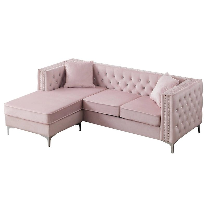 Aksamitna sofa pikowana z odwracalnym szezlongiem