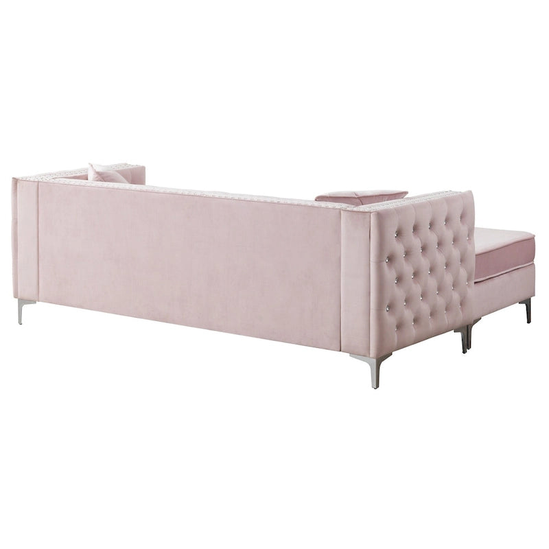 Aksamitna sofa pikowana z odwracalnym szezlongiem
