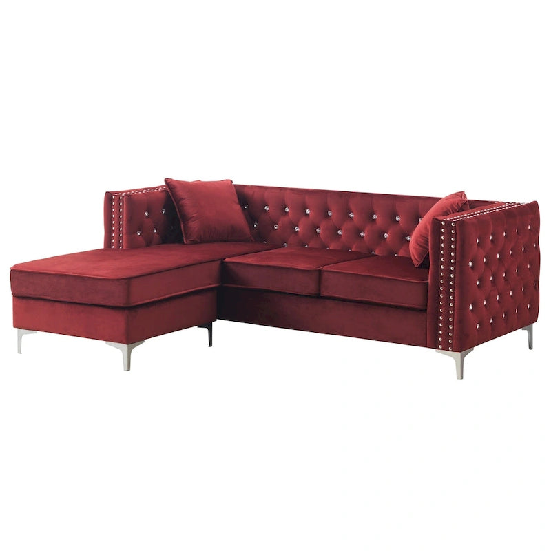 Aksamitna sofa pikowana z odwracalnym szezlongiem