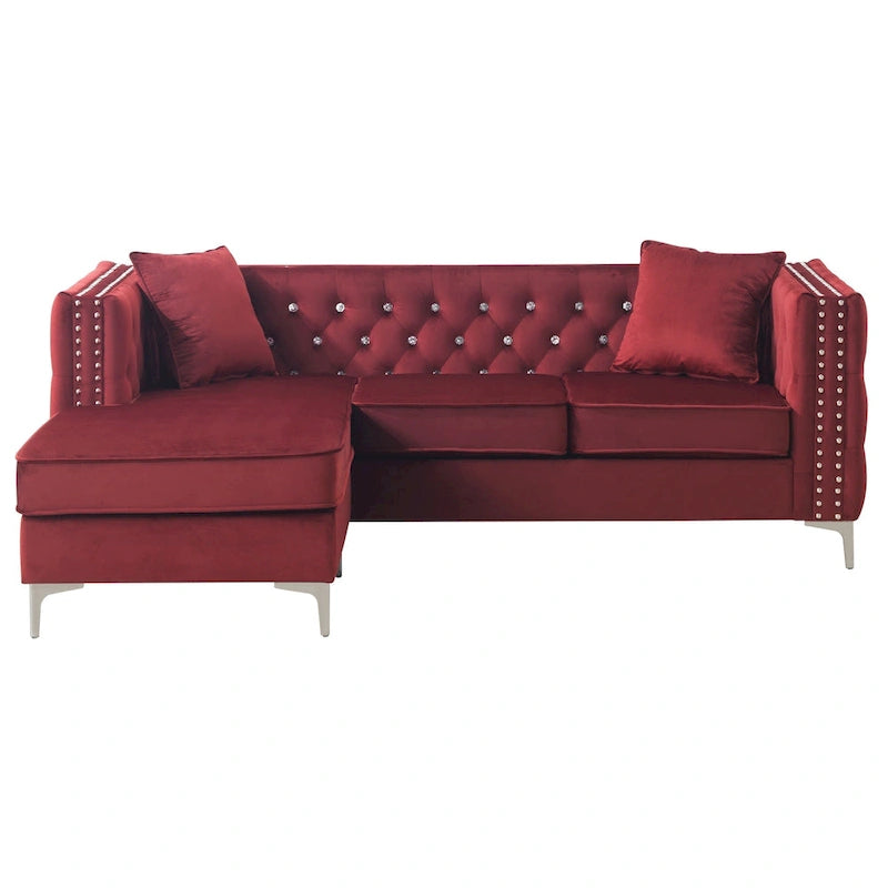 Aksamitna sofa pikowana z odwracalnym szezlongiem