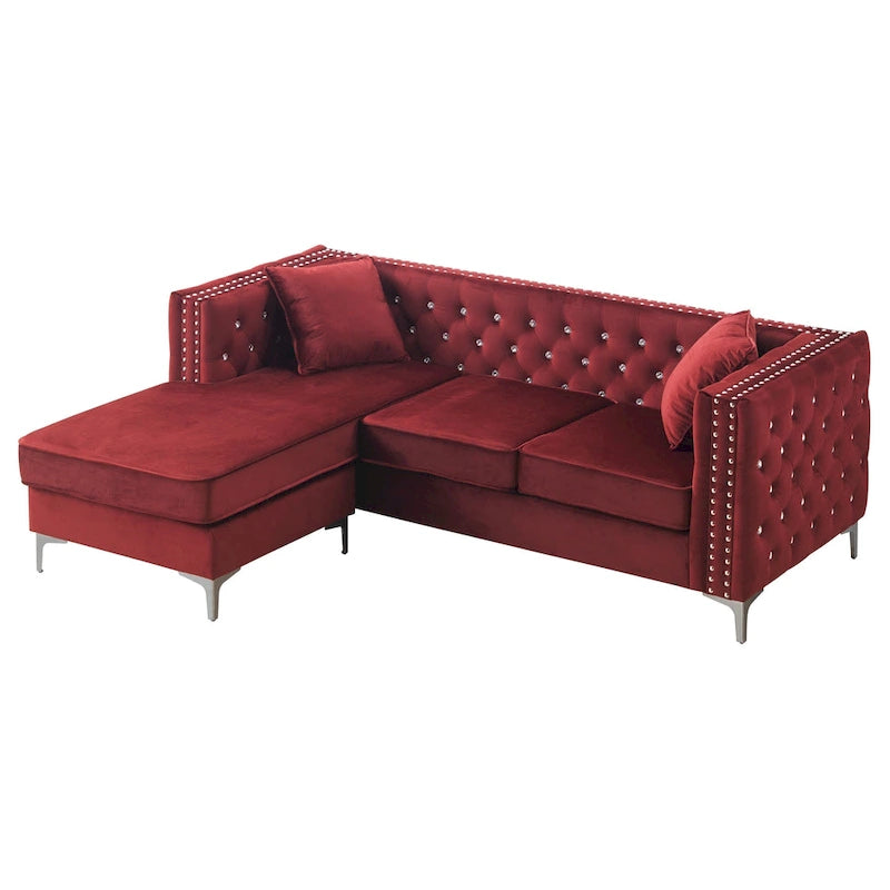 Aksamitna sofa pikowana z odwracalnym szezlongiem