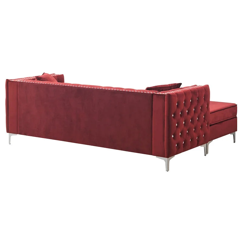 Aksamitna sofa pikowana z odwracalnym szezlongiem