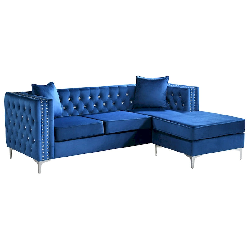 Aksamitna sofa pikowana z odwracalnym szezlongiem