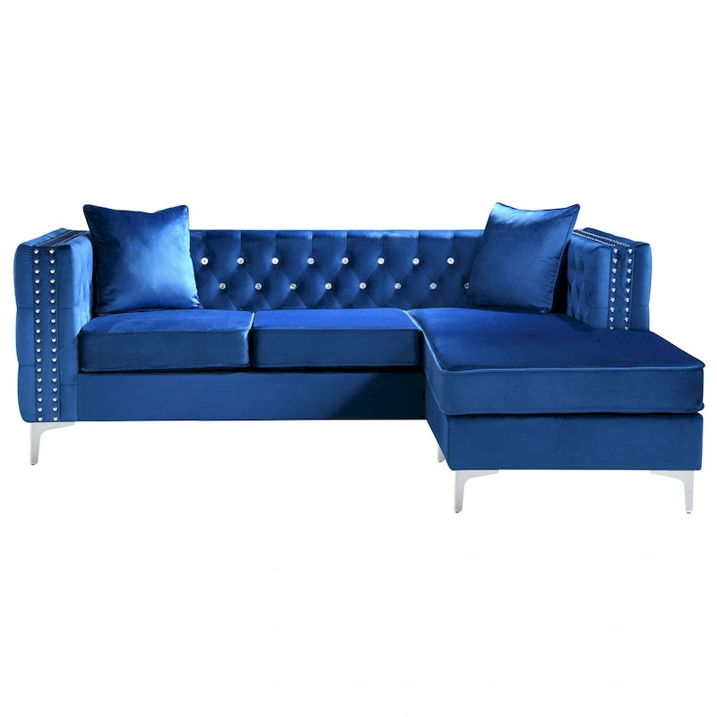 Aksamitna sofa pikowana z odwracalnym szezlongiem