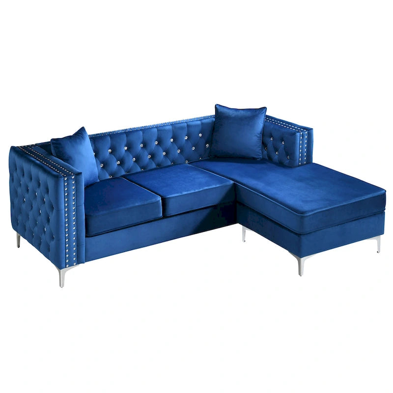 Aksamitna sofa pikowana z odwracalnym szezlongiem