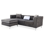 Aksamitna sofa pikowana z odwracalnym szezlongiem