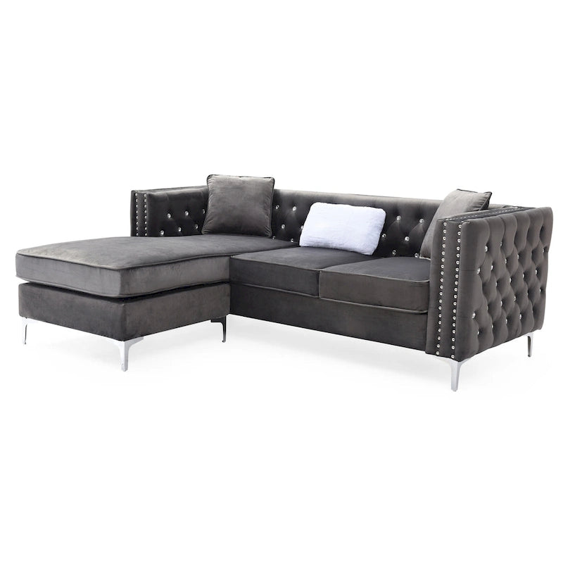 Aksamitna sofa pikowana z odwracalnym szezlongiem