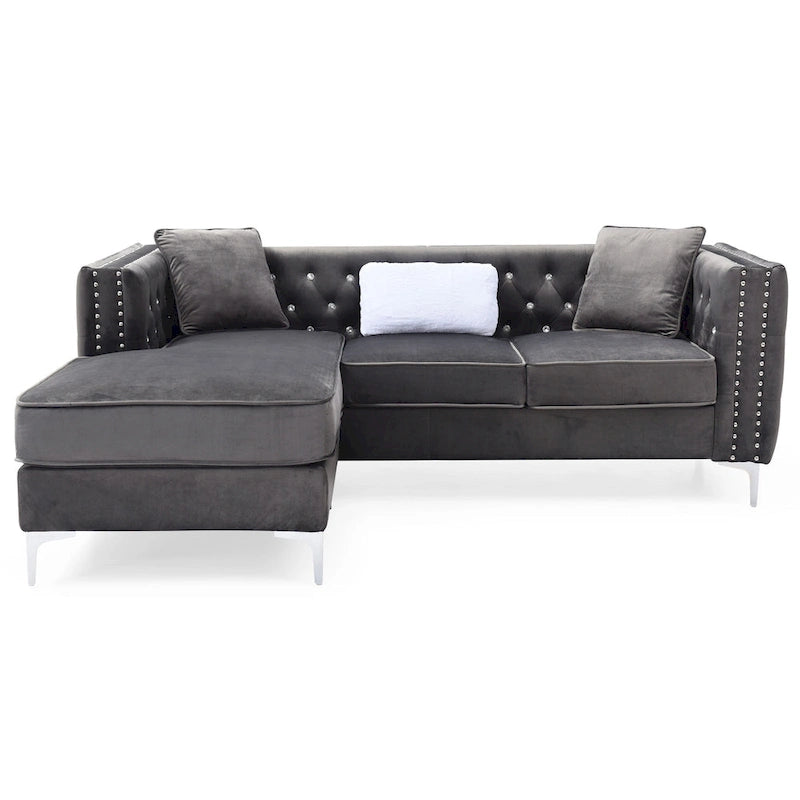 Aksamitna sofa pikowana z odwracalnym szezlongiem
