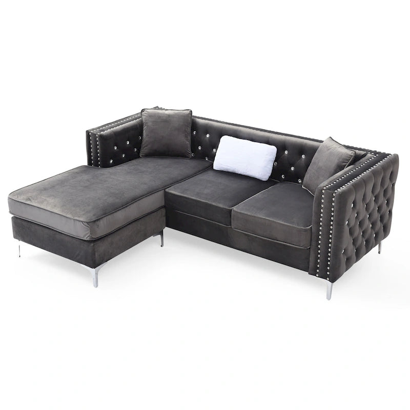 Aksamitna sofa pikowana z odwracalnym szezlongiem