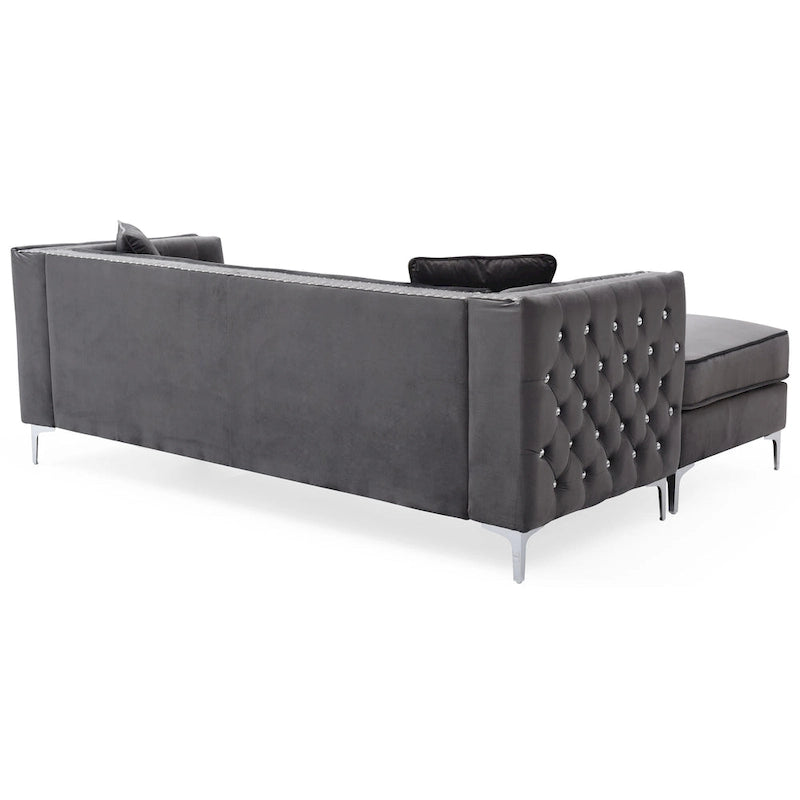 Aksamitna sofa pikowana z odwracalnym szezlongiem