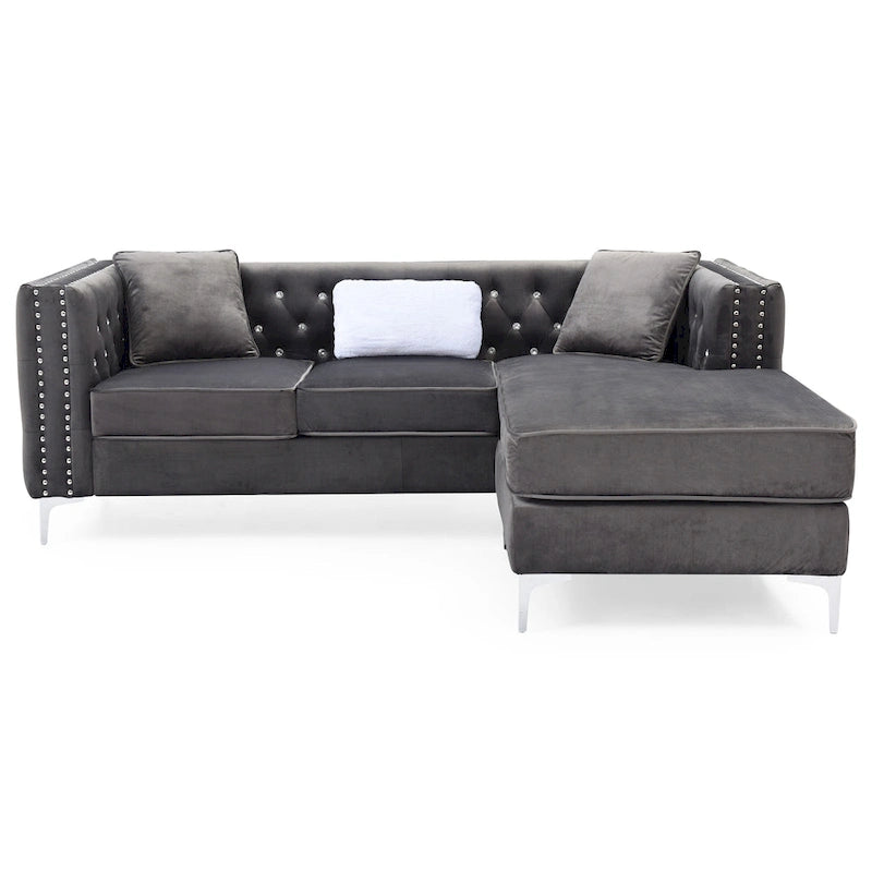 Aksamitna sofa pikowana z odwracalnym szezlongiem