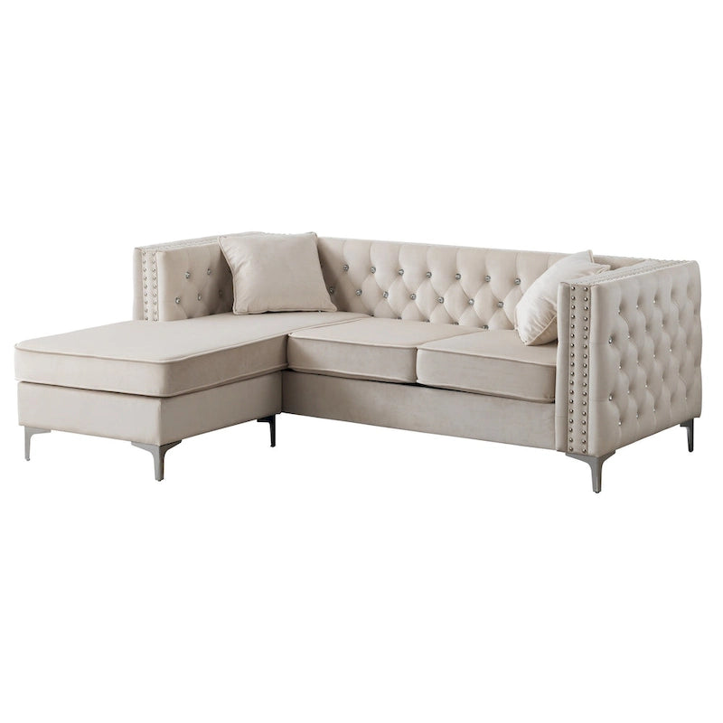 Aksamitna sofa pikowana z odwracalnym szezlongiem