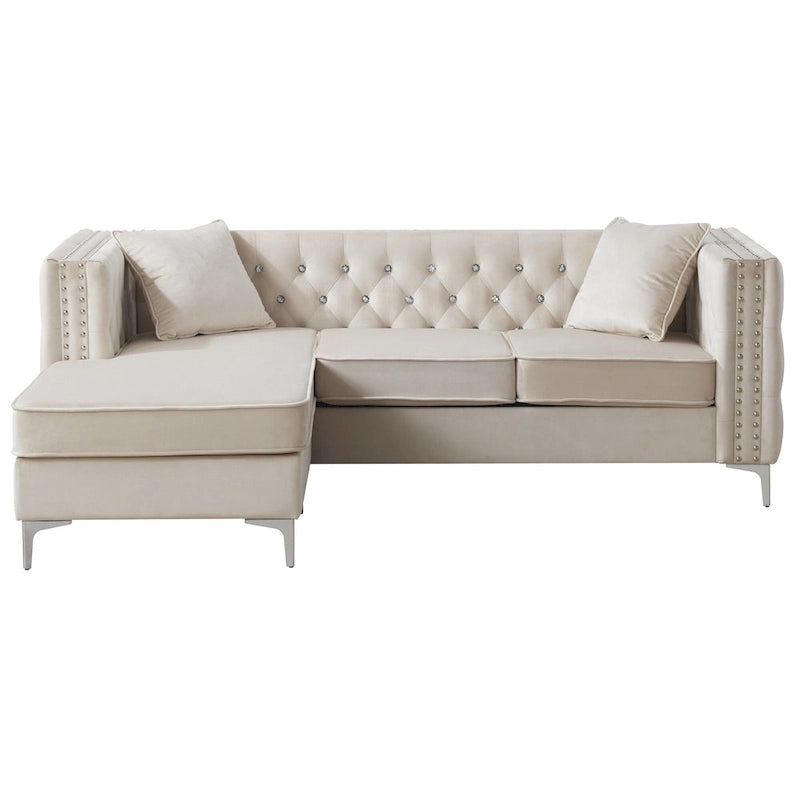 Aksamitna sofa pikowana z odwracalnym szezlongiem
