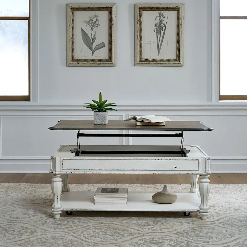 Mesa de cóctel blanca antigua con cubierta elevable
