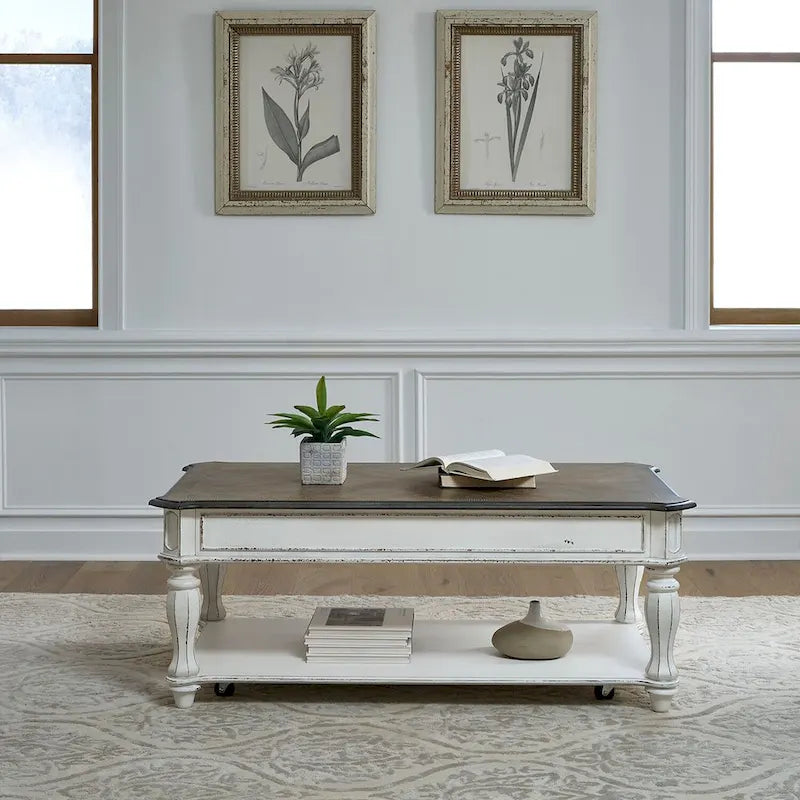 Mesa de cóctel blanca antigua con cubierta elevable
