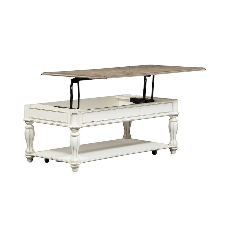 Mesa de cóctel blanca antigua con cubierta elevable