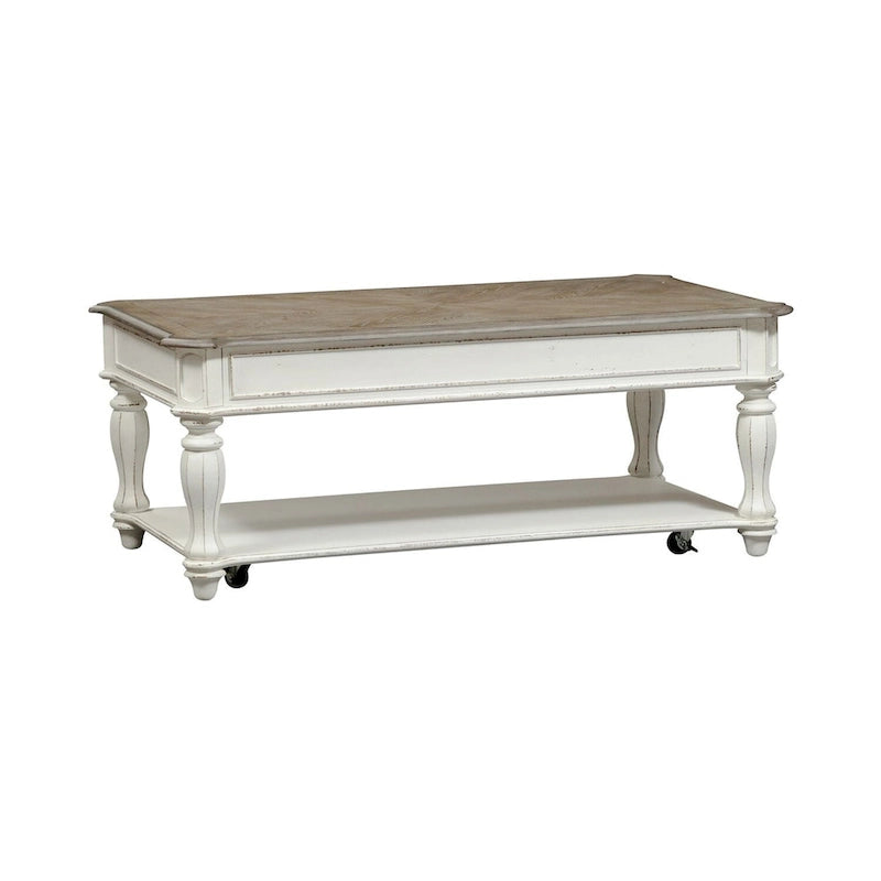 Mesa de cóctel blanca antigua con cubierta elevable