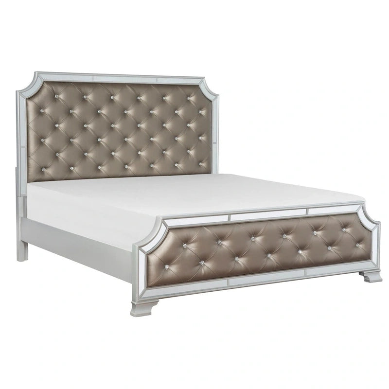 Cama tapizada de cuero sintético gris plateado con capitonado y marco de espejo