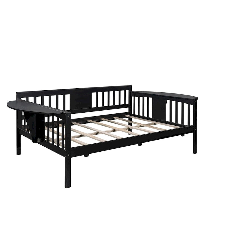 Cama de día de madera tamaño matrimonial con mesa auxiliar y soporte de listones de madera