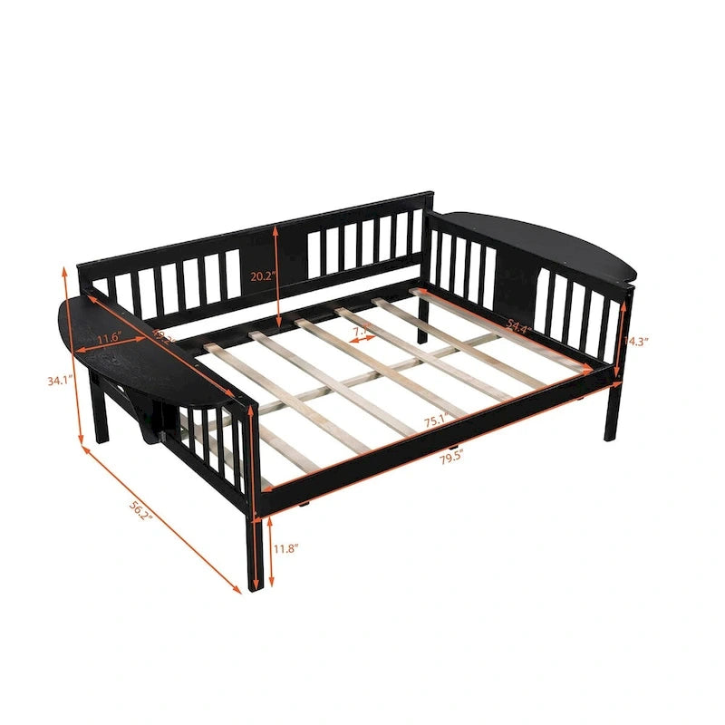 Cama de día de madera tamaño matrimonial con mesa auxiliar y soporte de listones de madera