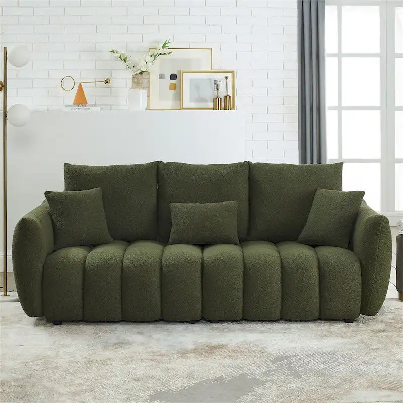 Sofá de tela teddy con 3 almohadas y estructura de madera maciza