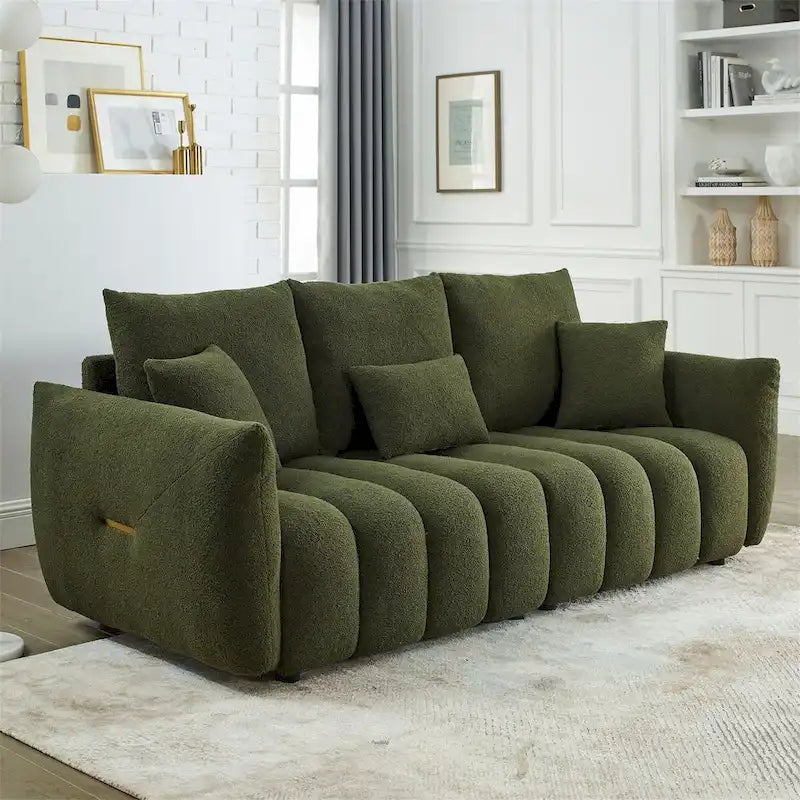 Teddy-Stoffsofa mit 3 Kissen und Massivholzrahmen