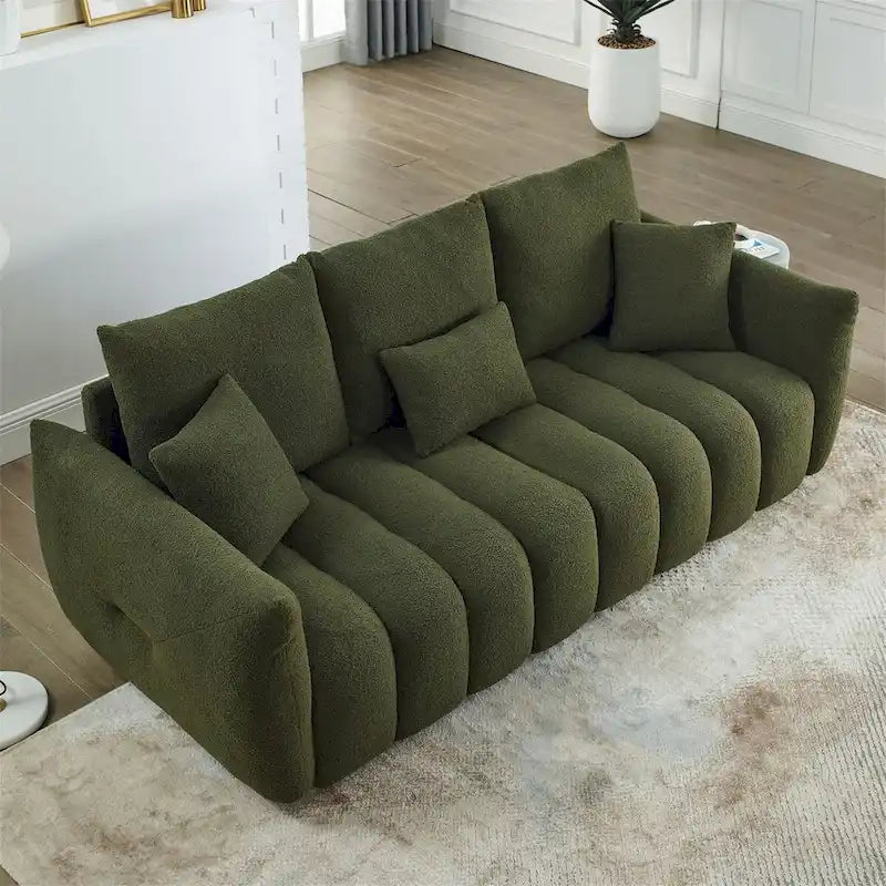 Teddy-Stoffsofa mit 3 Kissen und Massivholzrahmen