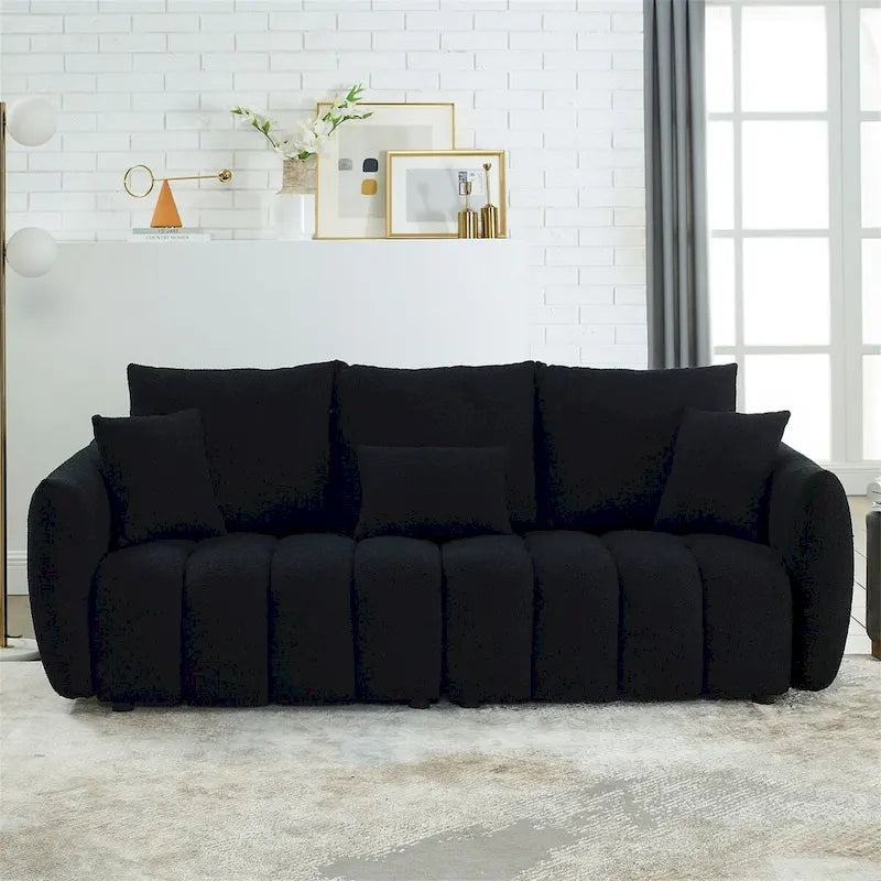 Teddy-Stoffsofa mit 3 Kissen und Massivholzrahmen