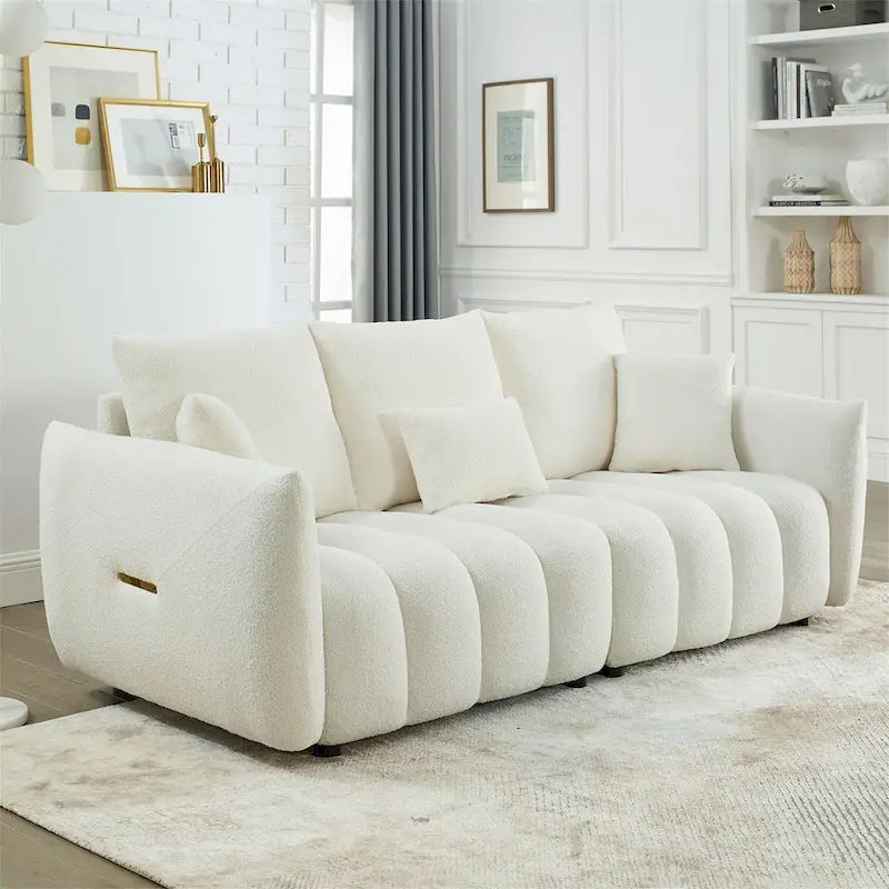 Teddy-Stoffsofa mit 3 Kissen und Massivholzrahmen